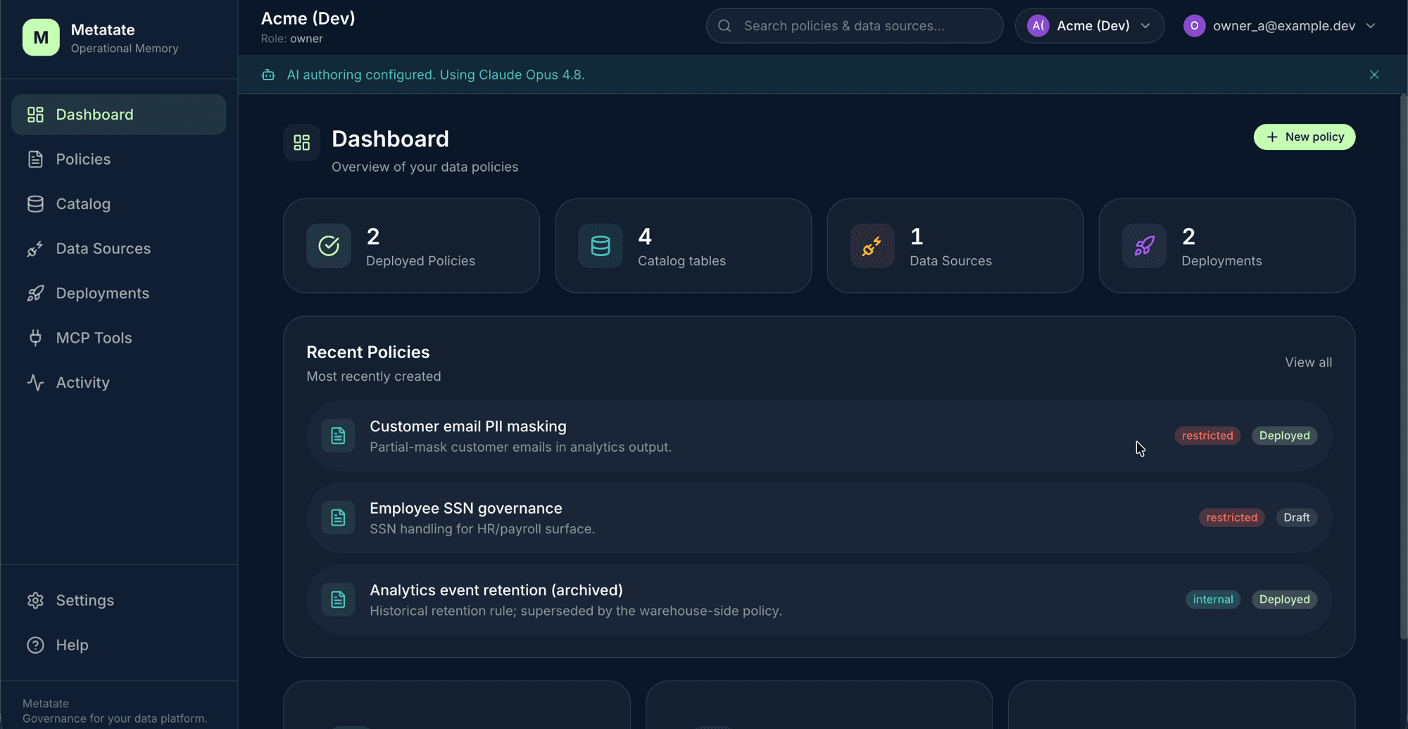 Metatate dashboard — deployed policies, catalog tables, data sources, and deployments at a glance