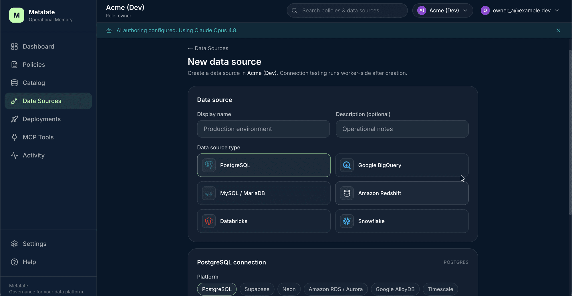 New data source form with PostgreSQL, BigQuery, MySQL, Redshift, Databricks, and Snowflake connectors