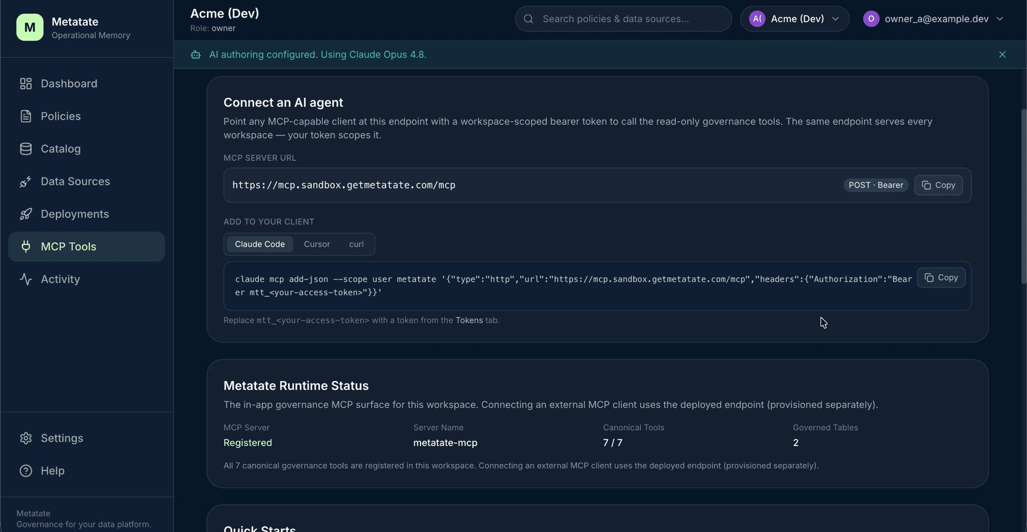 MCP Tools page — connect an AI agent with a workspace-scoped bearer token